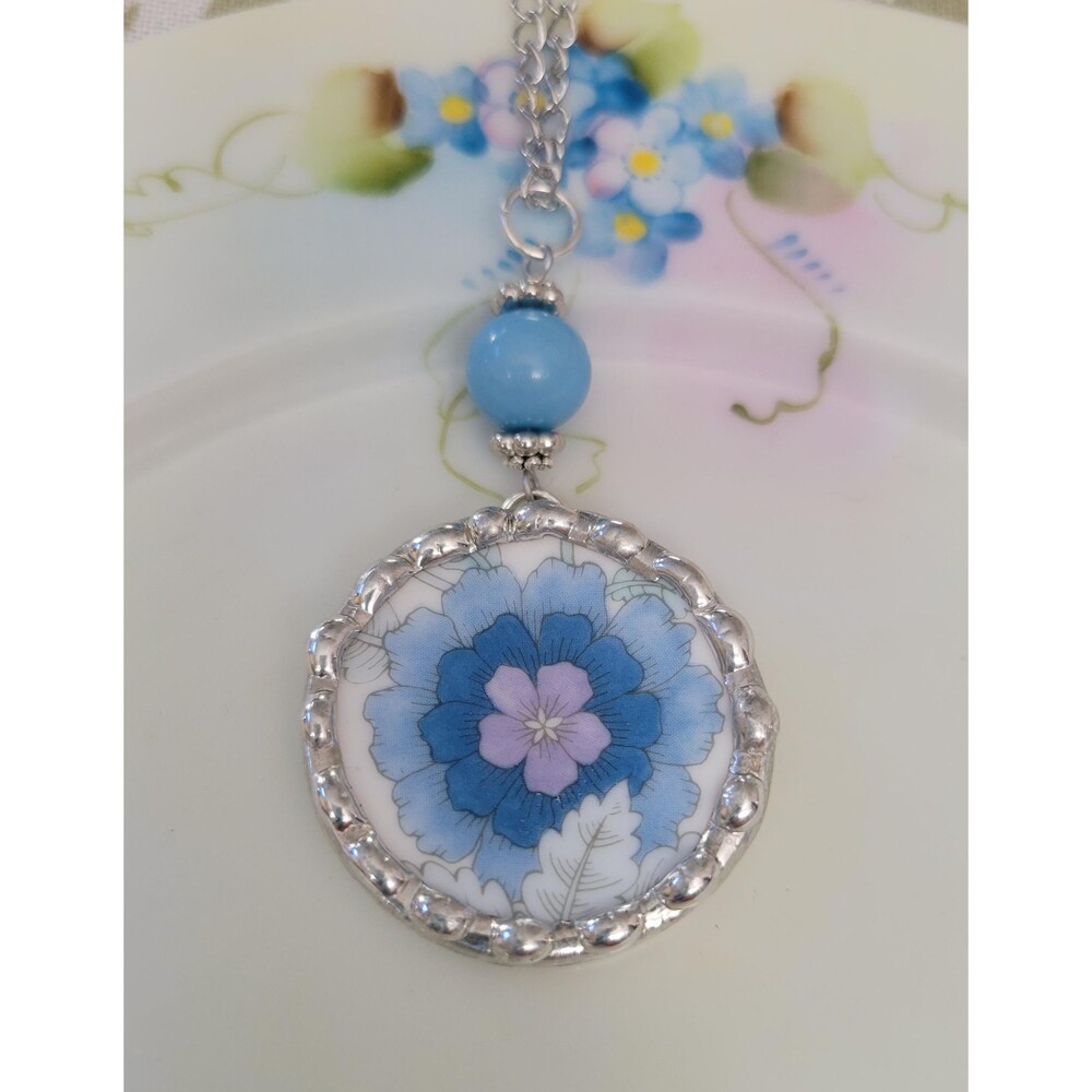 Broken China Soldered Pendant Necklace - Wedgwood Clementine Blue Flower